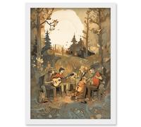 Countryside Folk Band Musicians Playing Music in the Forest at Sunset Modern Watercolour Painting Artwork Framed Wall Art Print A4 Artery8 White One Size