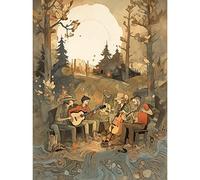 Artery8 Countryside Folk Band Musicians Playing Music in the Forest at Sunset Modern Watercolour Painting Unframed Art Print Poster Wall Decor 12x16 inch
