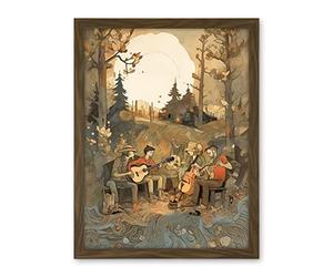 Artery8 Countryside Folk Band Musicians Playing Music in the Forest at Sunset Modern Watercolour Painting Artwork Framed Wall Art Print 18X24 Inch