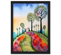 Artery8 Countryside House Path With Flowerbeds Folk Art Landscape Watercolour Painting Artwork Framed A3 Wall Art Print