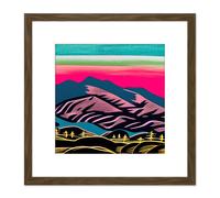 Artery8 Countryside Morning Hills Landscape Colourful Pastel Linocut Illustration Square Wooden Framed Wall Art Print Picture 8X8 Inch in Brown Artery8 Brown