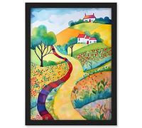 Artery8 Countryside Path In Spring Folk Art Landscape Watercolour Painting Artwork Framed A3 Wall Art Print