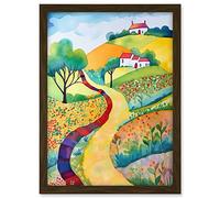 Artery8 Countryside Path In Spring Folk Art Landscape Watercolour Painting Artwork Framed A3 Wall Art Print
