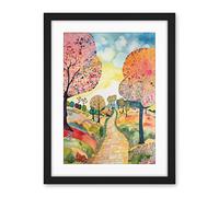 Artery8 Countryside Path With Blooming Flowers And Trees Folk Art Landscape Watercolour Painting Artwork Framed Wall Art Print 18X24 Inch