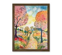Artery8 Countryside Path With Blooming Flowers And Trees Folk Art Landscape Watercolour Painting Artwork Framed Wall Art Print 18X24 Inch