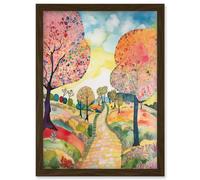 Artery8 Countryside Path With Blooming Flowers & Trees Folk Art Landscape Watercolour Painting Artwork Framed Wall Art Print A4 in Brown Artery8 Brown