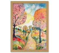 Artery8 Countryside Path With Blooming Flowers & Trees Folk Art Landscape Watercolour Painting Artwork Framed Wall Art Print A4 in Light Oak Artery8 Light Oak