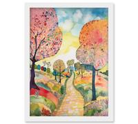 Artery8 Countryside Path With Blooming Flowers & Trees Folk Art Landscape Watercolour Painting Artwork Framed Wall Art Print A4 in White Artery8 White