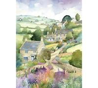 Artery8 Countryside Spring Landscape with Cottages Modern Watercolour Painting Art Print Canvas Premium Wall Decor Poster Mural
