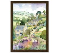 Artery8 Countryside Spring Landscape with Cottages Modern Watercolour Painting Artwork Framed A3 Wall Art Print