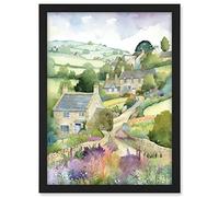 Artery8 Countryside Spring Landscape with Cottages Modern Watercolour Painting Artwork Framed A3 Wall Art Print
