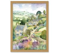 Artery8 Countryside Spring Landscape with Cottages Modern Watercolour Painting Artwork Framed A3 Wall Art Print