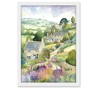 Artery8 Countryside Spring Landscape with Cottages Modern Watercolour Painting Artwork Framed A3 Wall Art Print