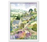 Countryside Spring Landscape with Cottages Modern Watercolour Painting Artwork Framed Wall Art Print A4 Artery8 White One Size