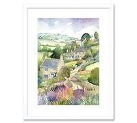 Artery8 Countryside Spring Landscape with Cottages Modern Watercolour Painting Artwork Framed Wall Art Print 9X7 Inch