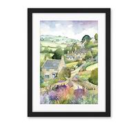 Artery8 Countryside Spring Landscape with Cottages Modern Watercolour Painting Artwork Framed Wall Art Print 18X24 Inch