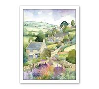 Artery8 Countryside Spring Landscape with Cottages Modern Watercolour Painting Artwork Framed Wall Art Print 18X24 Inch