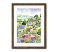Artery8 Countryside Spring Landscape with Cottages Modern Watercolour Painting Artwork Framed Wall Art Print 18X24 Inch