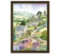 Countryside Spring Landscape with Cottages Modern Watercolour Painting Artwork Framed Wall Art Print A4 Artery8 Brown One Size