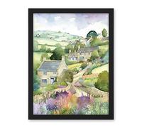 Artery8 Countryside Spring Landscape with Cottages Modern Watercolour Painting Artwork Framed Wall Art Print 18X24 Inch
