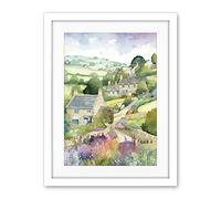 Artery8 Countryside Spring Landscape with Cottages Modern Watercolour Painting Artwork Framed Wall Art Print 18X24 Inch