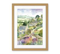 Artery8 Countryside Spring Landscape with Cottages Modern Watercolour Painting Artwork Framed Wall Art Print 18X24 Inch