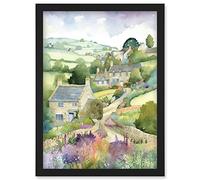 Artery8 Countryside Spring Landscape with Cottages Modern Watercolour Painting Artwork Framed Wall Art Print A4 in Black Artery8 Black