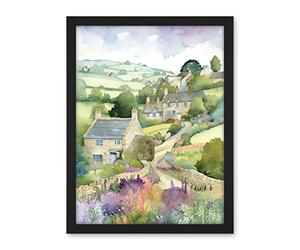 Artery8 Countryside Spring Landscape with Cottages Modern Watercolour Painting Artwork Framed Wall Art Print 18X24 Inch