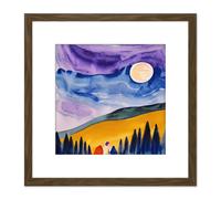Artery8 Couple Looking at Full Moon at Countryside Landscape Abstract Illustration Square Wooden Framed Wall Art Print Picture 8X8 Inch in Brown Artery8 Brown
