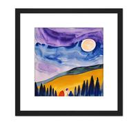 Artery8 Couple Looking at Full Moon at Countryside Landscape Abstract Illustration Square Wooden Framed Wall Art Print Picture 8X8 Inch in Black Artery8 Black