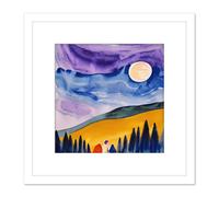 Artery8 Couple Looking at Full Moon at Countryside Landscape Abstract Illustration Square Wooden Framed Wall Art Print Picture 8X8 Inch in White Artery8 White