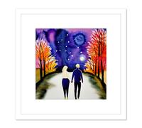 Artery8 Couple Walking in Moonlight in Autumn Modern Watercolour Illustration Square Wooden Framed Wall Art Print Picture 8X8 Inch in White Artery8 White