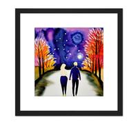 Artery8 Couple Walking in Moonlight in Autumn Modern Watercolour Illustration Square Wooden Framed Wall Art Print Picture 8X8 Inch in Black Artery8 Black