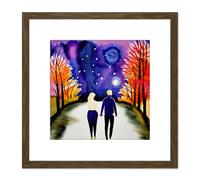 Artery8 Couple Walking in Moonlight in Autumn Modern Watercolour Illustration Square Wooden Framed Wall Art Print Picture 8X8 Inch in Brown Artery8 Brown