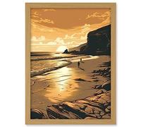 Artery8 Couple walking on the Beach at Sunset Illustration Artwork Framed A3 Wall Art Print