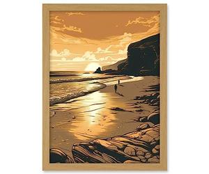 Artery8 Couple walking on the Beach at Sunset Illustration Artwork Framed A3 Wall Art Print