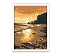 Artery8 Couple walking on the Beach at Sunset Illustration Artwork Framed Wall Art Print 18X24 Inch