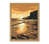 Artery8 Couple walking on the Beach at Sunset Illustration Artwork Framed Wall Art Print 18X24 Inch
