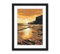 Artery8 Couple walking on the Beach at Sunset Illustration Artwork Framed Wall Art Print 18X24 Inch