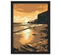 Artery8 Couple walking on the Beach at Sunset Illustration Artwork Framed Wall Art Print A4 in Black Artery8 Black