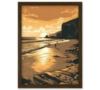 Couple walking on the Beach at Sunset Illustration Artwork Framed Wall Art Print A4 Artery8 Brown One Size