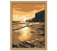 Artery8 Couple walking on the Beach at Sunset Illustration Artwork Framed Wall Art Print A4