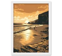 Artery8 Couple walking on the Beach at Sunset Illustration Artwork Framed Wall Art Print A4