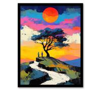 Artery8 Couple Watching Sunset Hilltop Colourful Romantic Framed Art Print | Size: W12" x H16" Artery8 Multicolor W12" x H16"