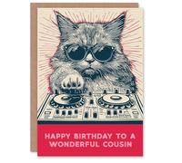 Artery8 Cousin Happy Birthday Card DJ Moggie Retro Cool Cat On Decks Fun Funny For Her Greeting Card