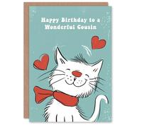 Artery8 Cousin Happy Birthday Card Happy White Cat In Scarf Drawing Love Hearts For Her Greeting Card
