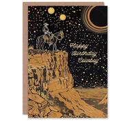 Artery8 Cowboy Canyon Horse Ride Night Modern Folk Art For Him Man Birthday Card