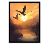 Artery8 Cranes Soaring Against a Golden Sunset Sky Atmospheric Painting Warm Colours Birds Flying Over Tranquil Mountain Lake Landscape Artwork Framed Wall Art Print A4