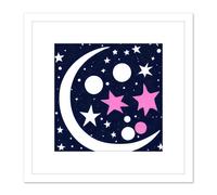 Artery8 Crescent Moon In The Night Sky Boho Stars Planets Navy Pink Abstract Painting Square Wooden Framed Wall Art Print Picture 8X8 Inch in White Artery8 White