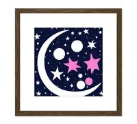 Artery8 Crescent Moon In The Night Sky Boho Stars Planets Navy Pink Abstract Painting Square Wooden Framed Wall Art Print Picture 8X8 Inch in Brown Artery8 Brown